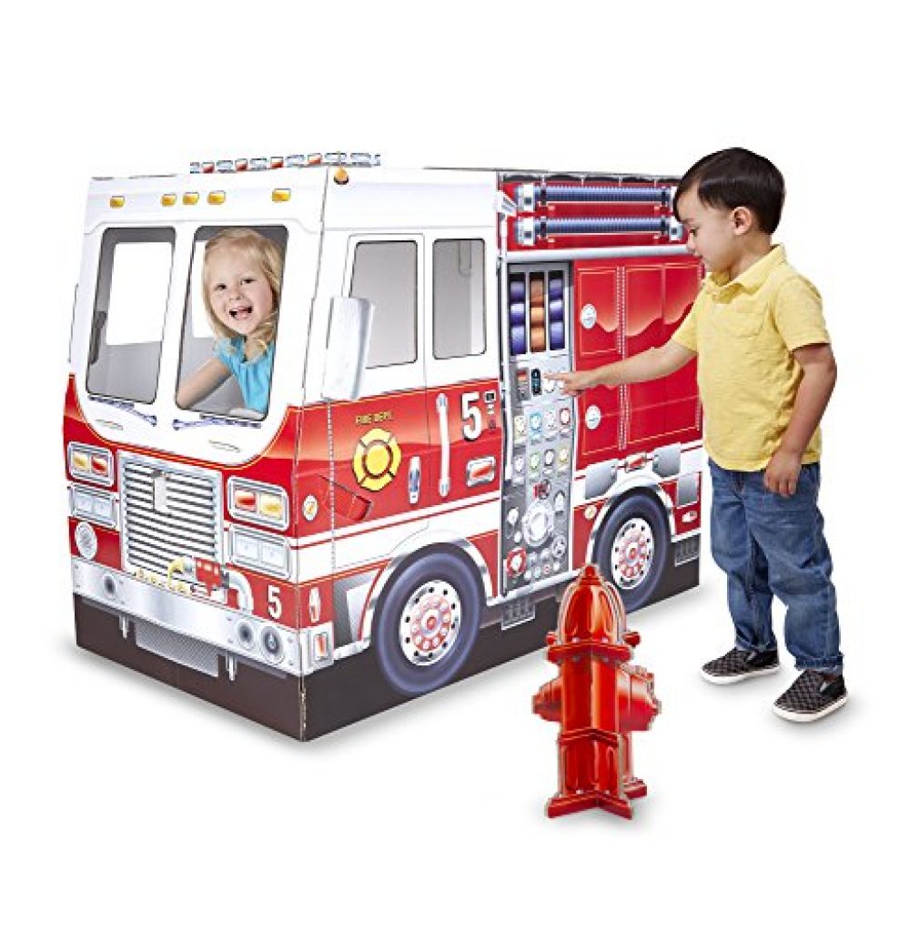 melissa & doug wooden fire truck with 3 firefighter play figures