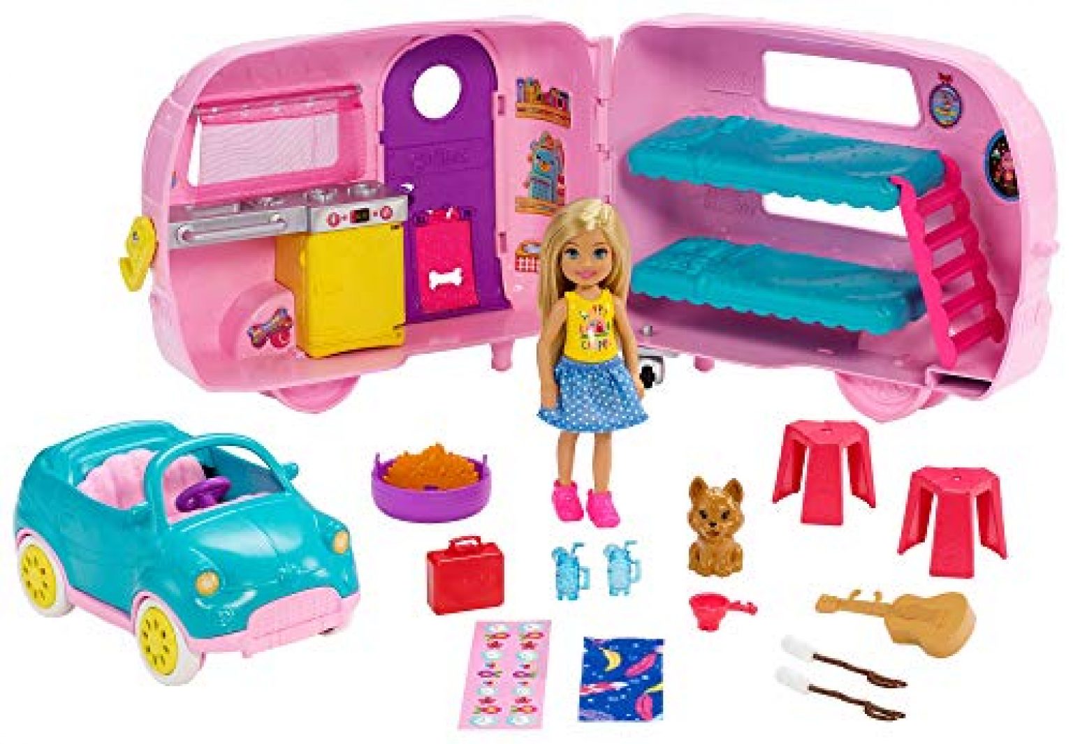 barbie chelsea doll & travel set with puppy & accessories