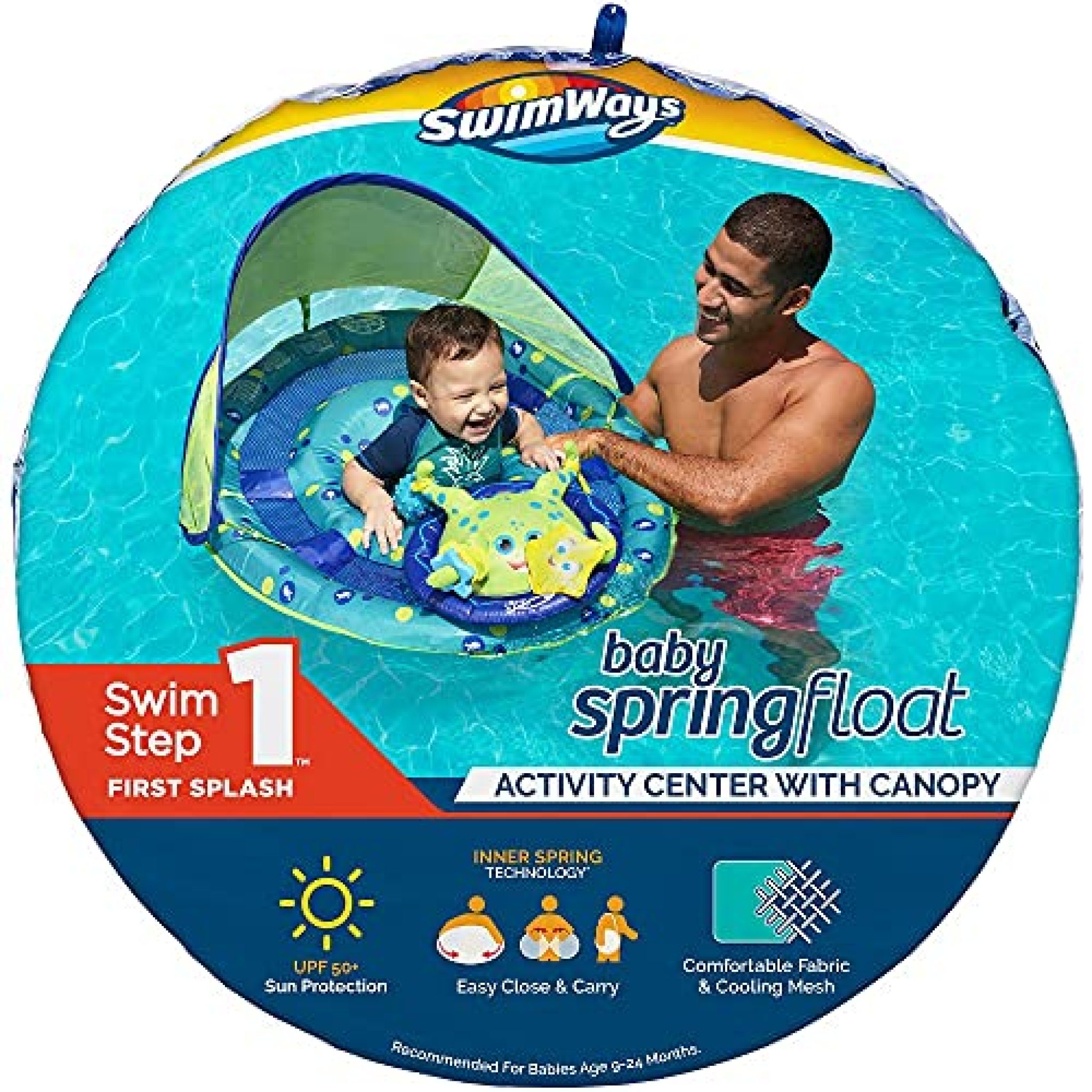 SwimWays Baby Spring Float Activity Center with Adjustable Canopy and UPF Sun Protection, Green 
