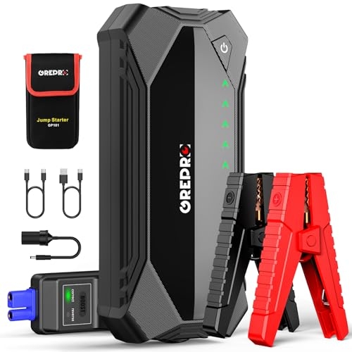 GREPRO Car Jump Starter Kit, 12V Battery Booster, Jump Box with Jumper Cables, Car Battery Jumper with LED Light