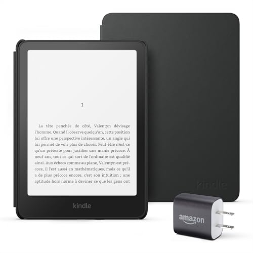 Kindle Paperwhite Essentials Bundle including All-new Kindle Paperwhite (16GB) – Black, Plant-Based Leather Cover-Black, and Power Adapter